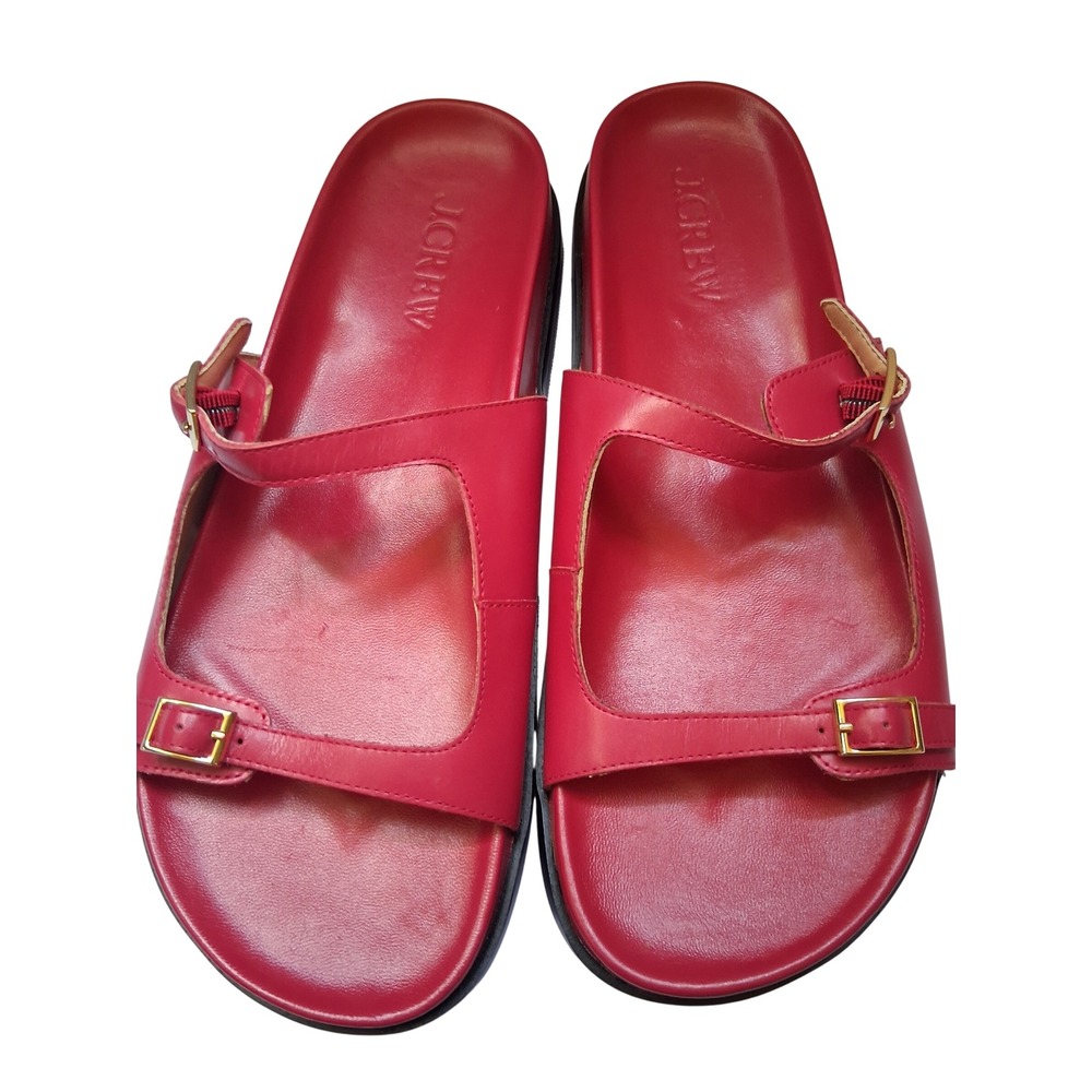 J.Crew Womens Red Leather Double Buckle Slide Sandals E8308 Size 10